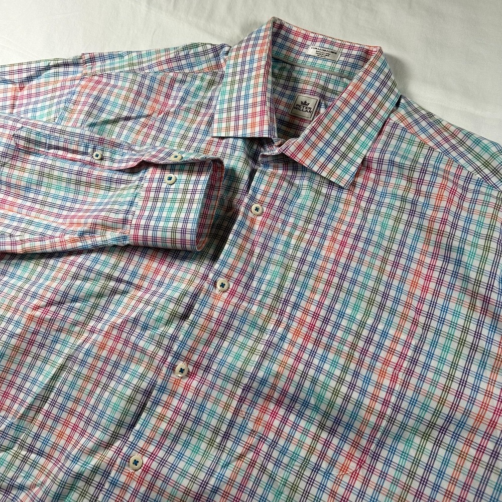 Peter Millar Shirt Mens XXL Button Down‎ Colorful Plaid 100% Cotton Long Sleeve